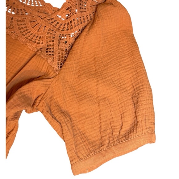 Democracy Above Elbow Bubble Sleeve Square Crochet Neck Woven Top Sz  XL - Picture 7 of 12